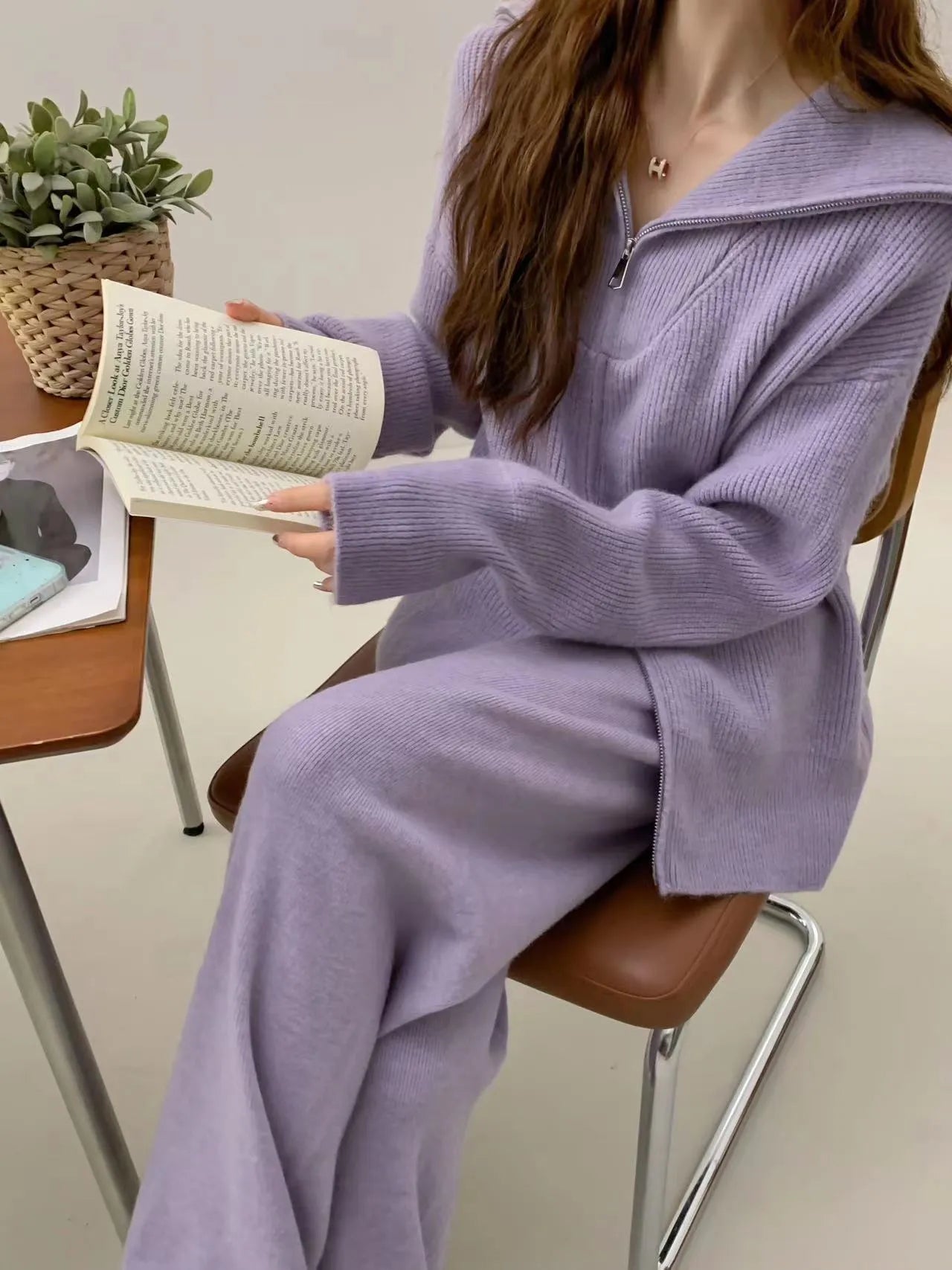Knitted zipper cardigan and wide leg trousers two-piece set in solid colour