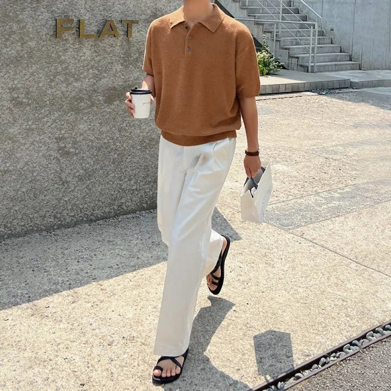 Men's retro knitted polo shirt with asymmetric design in caramel colour