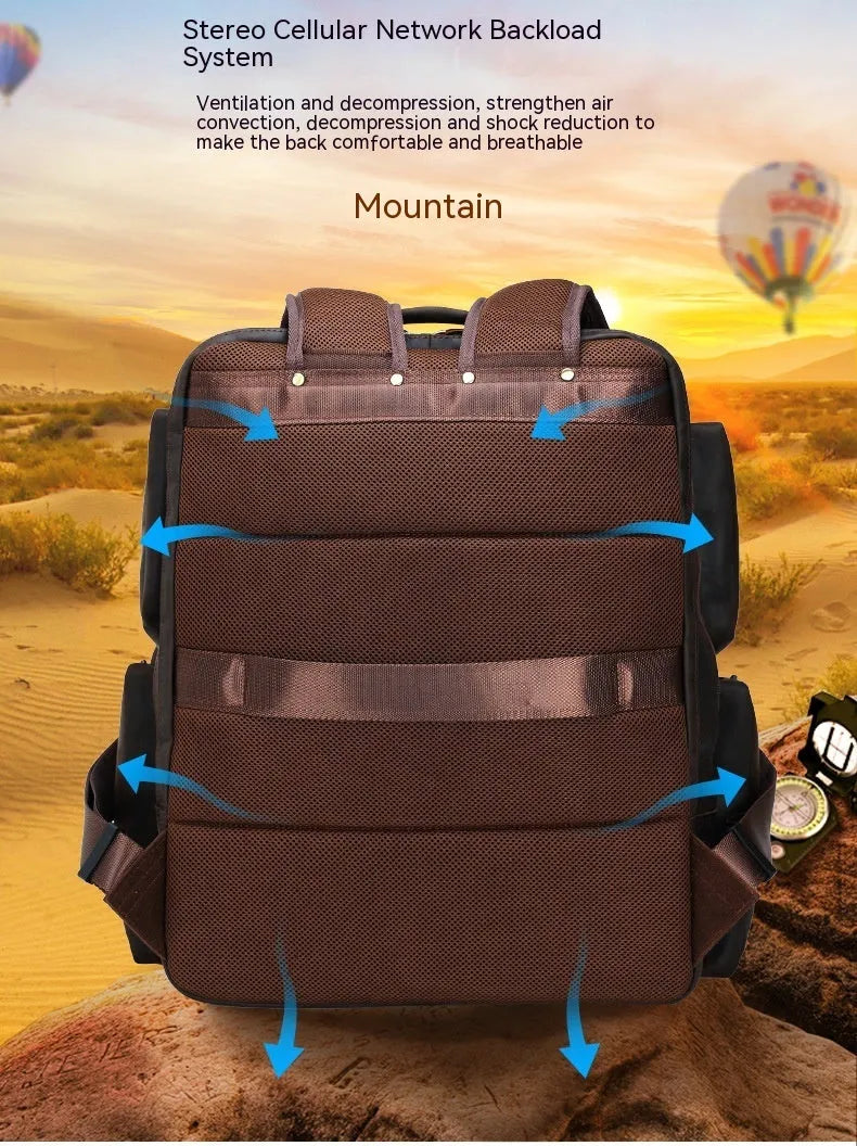 Dark brown leather backpack for men with 17-inch laptop compartment and multiple internal organisers