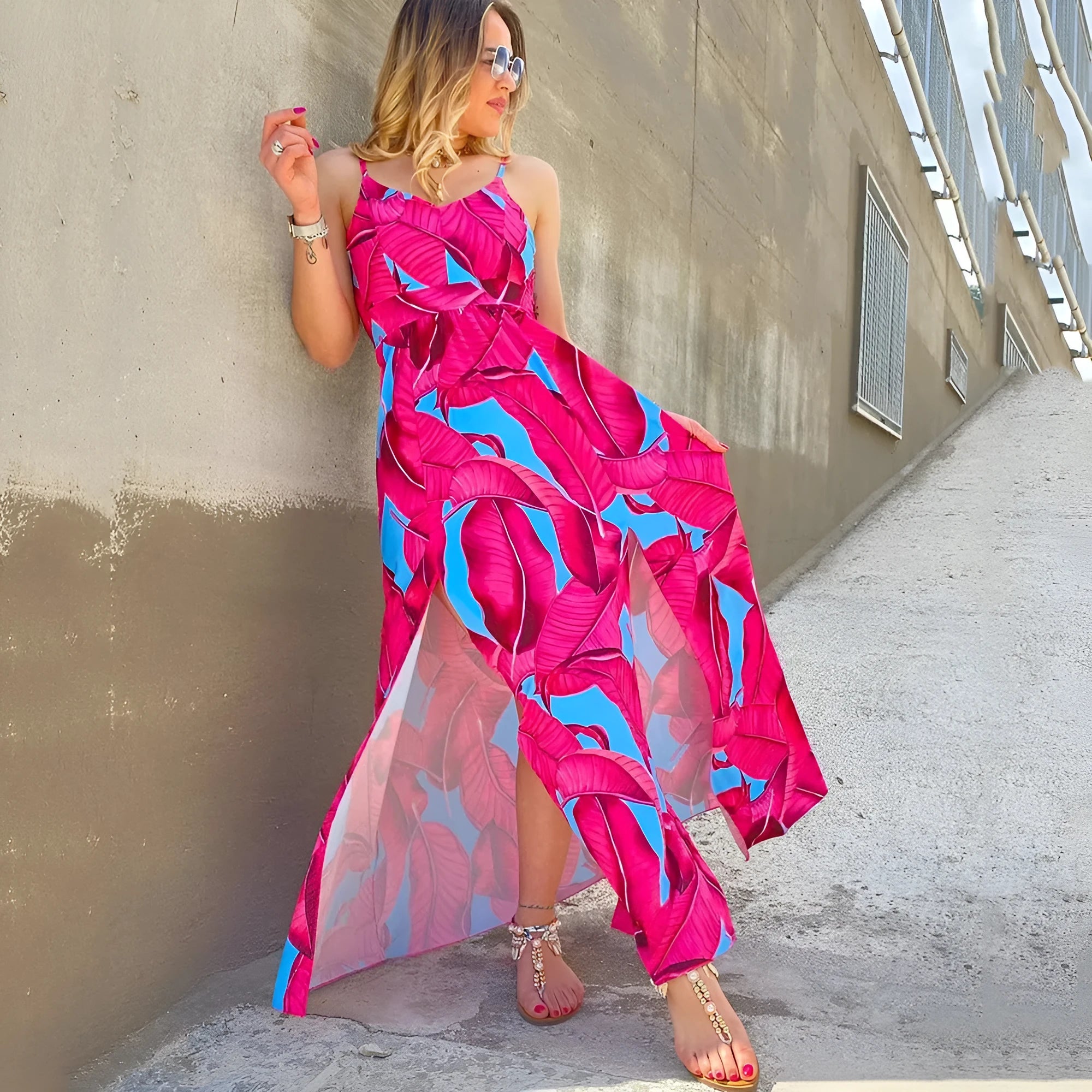 Red fashion printed backless spaghetti strap sleeveless dress high waist long skirt