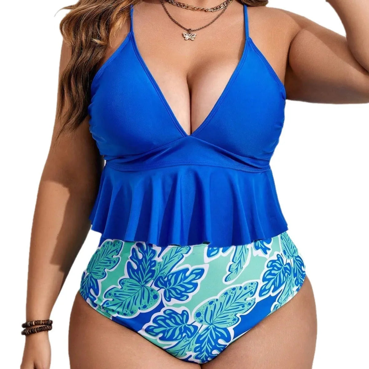 Blue women's two-piece bikini swimsuit with brief style bottoms in extended sizes