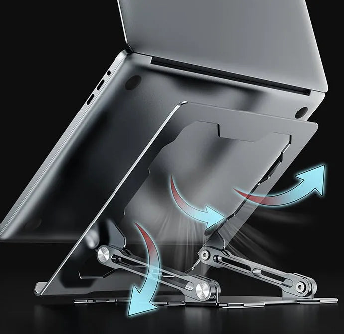Aluminum laptop stand in folded position showing adjustable mechanism and silicone protection pads
