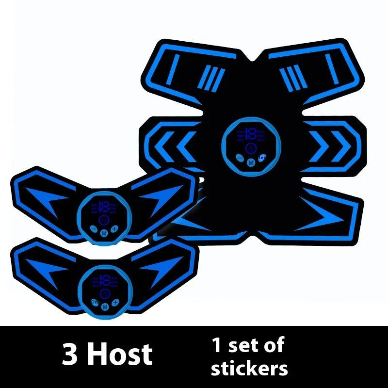 Eight-piece abdominal muscle waist reduction body sculpting massage patch set made of PU leather, silicone, and ABS resin, available in black and blue styles.