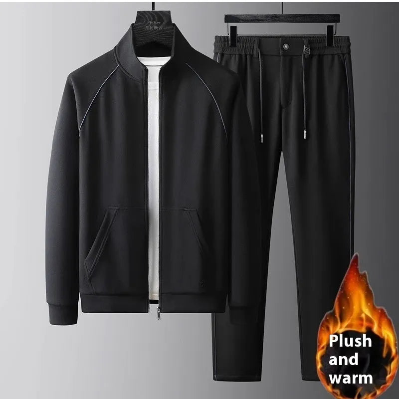 Men's slim fit stand collar casual sports suit two-piece set in black.