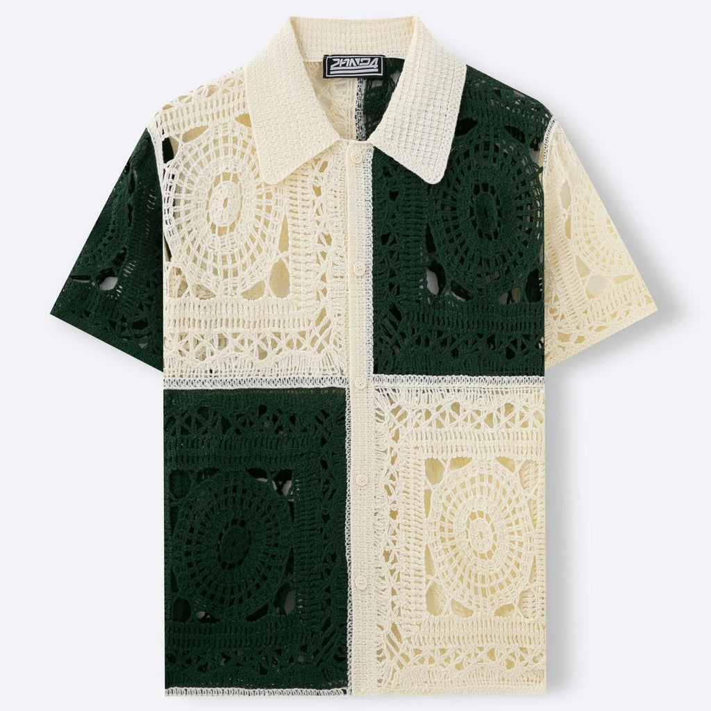 Beige colourblock men's short sleeve knitted shirt with flocking detail on a hanger.