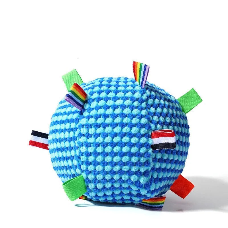 Blue and yellow textured pineapple lattice dog ball with vent holes, 17cm in diameter.