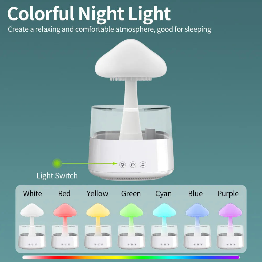 Desk humidifier with raining cloud night light effect and aromatherapy function in wood grain finish
