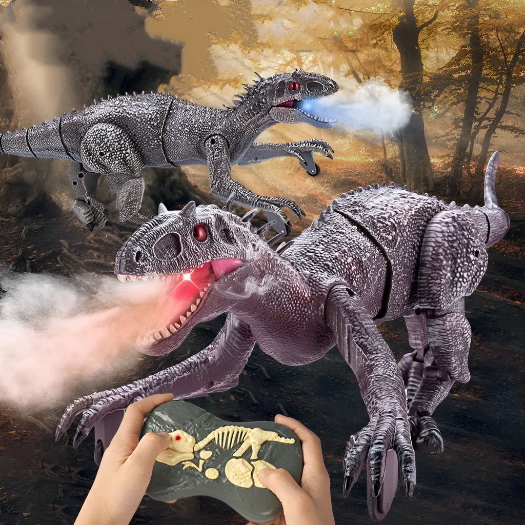 Remote controlled dinosaur model toy in grey with 3D eyeballs and roaring sound effect
