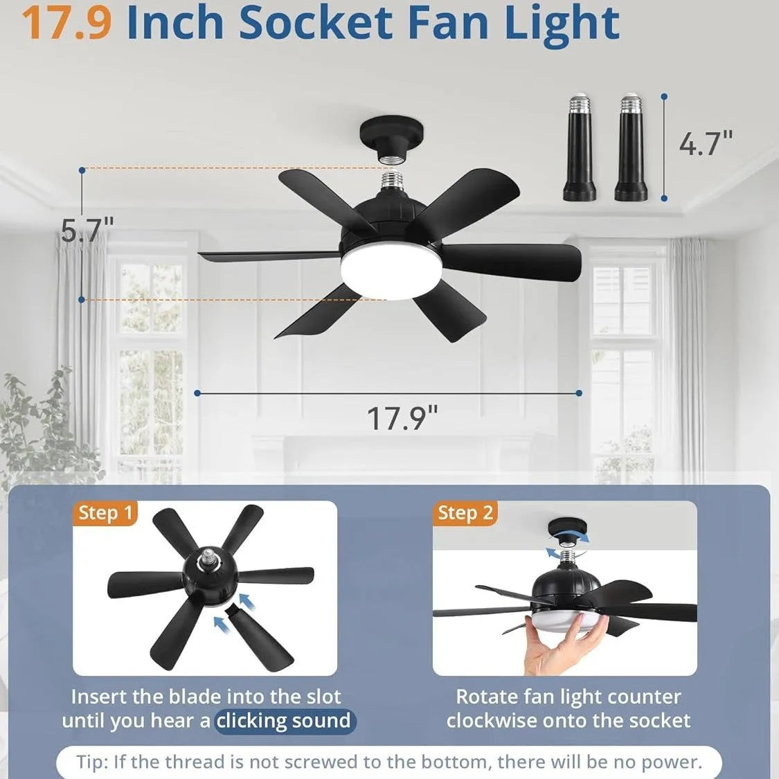 18-inch straight leaf fan lamp with remote control and three colour light options in black