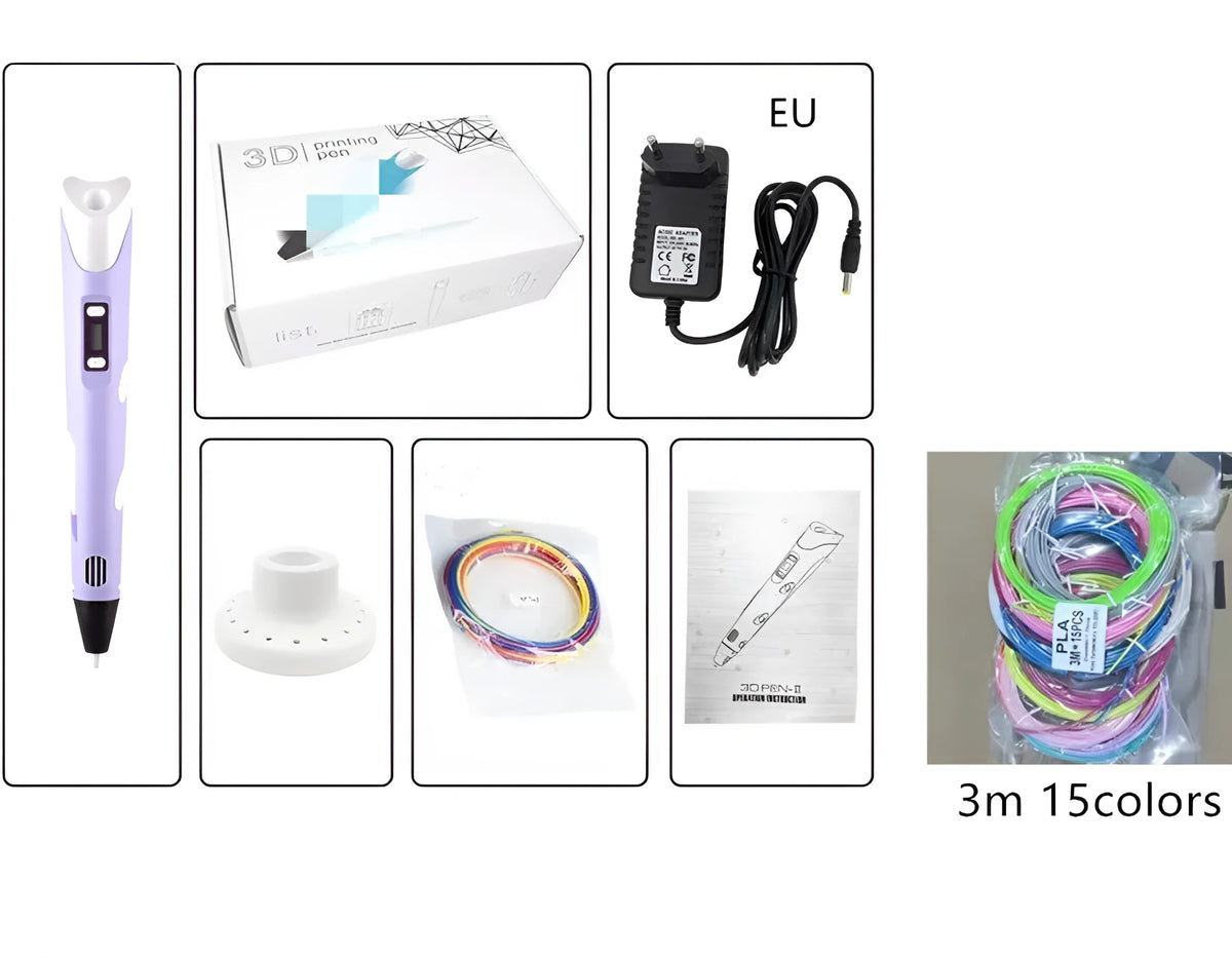 Children's 3D printing pen set in yellow with USB cable, base, and three-colour plastic filament in a colour box