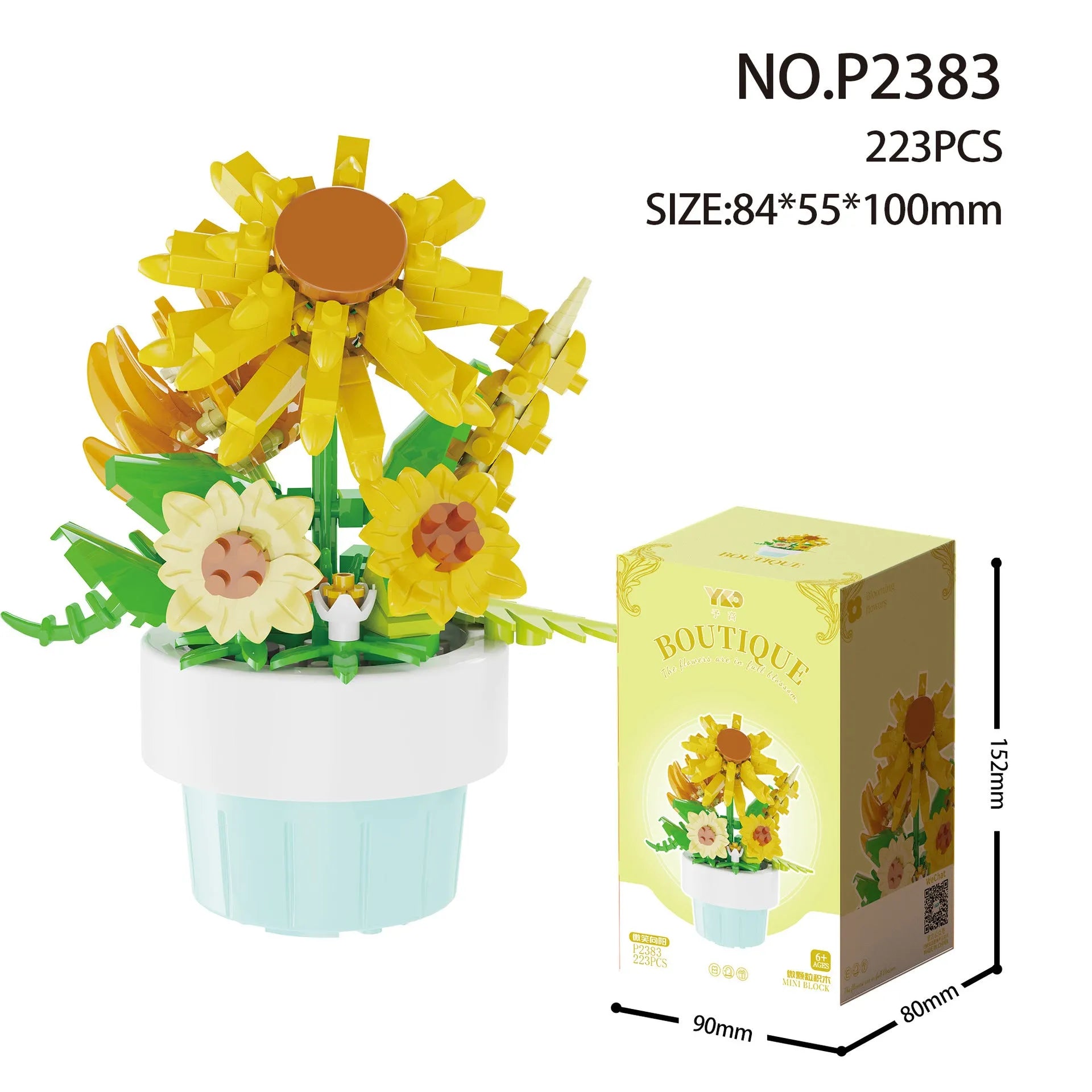 Micro diamond particle potted building blocks set in Smile to the Sun flower design, displayed in colour box packaging