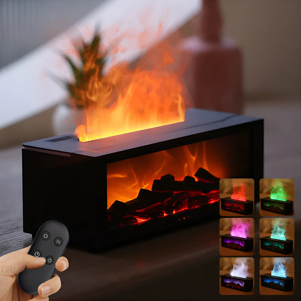 Square desktop flame effect essential oil diffuser with coloured mood lighting and remote control.