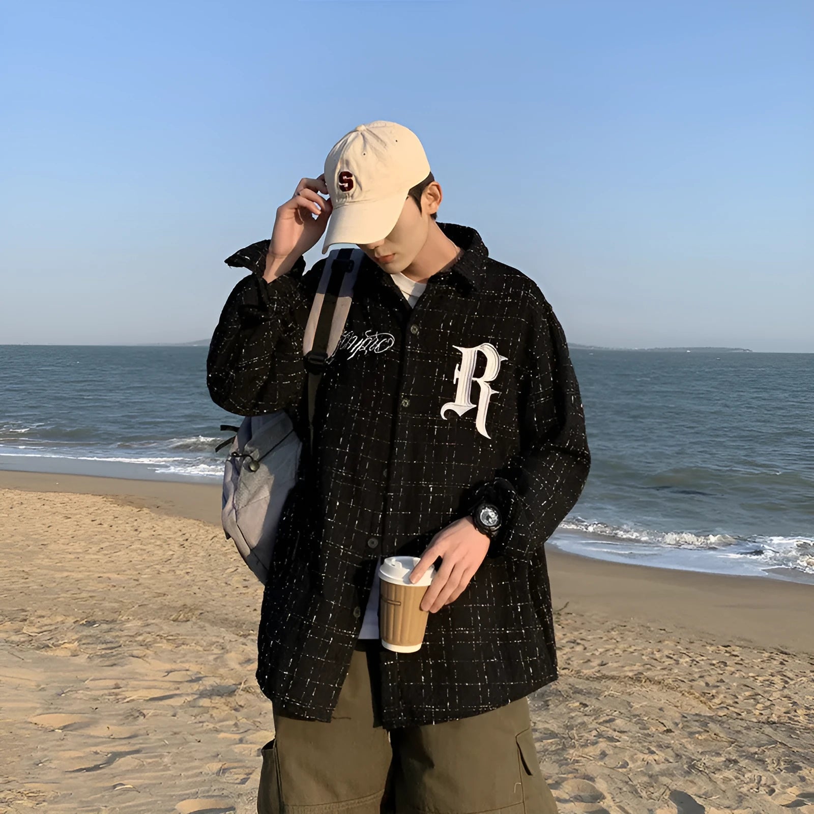 Spring embroidered letter plaid tide jacket for men and women in black, long sleeve polyester blend