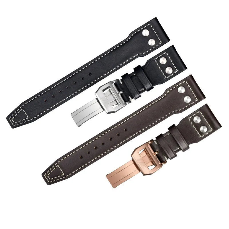 Genuine leather watch band strap in black with silver buckle, 22mm width