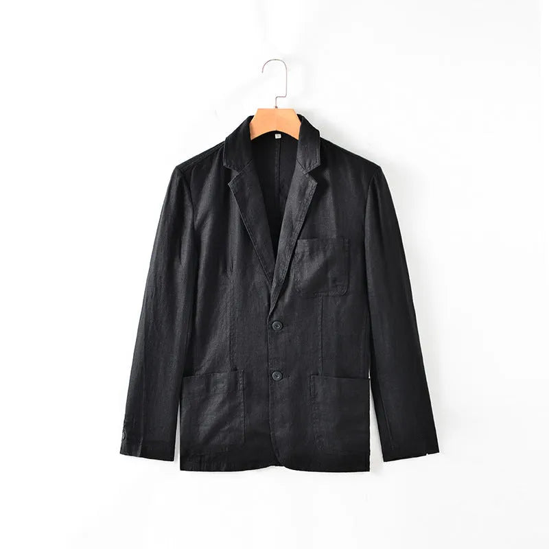 Men's solid colour linen suit coat with a stick pocket on a hanger.