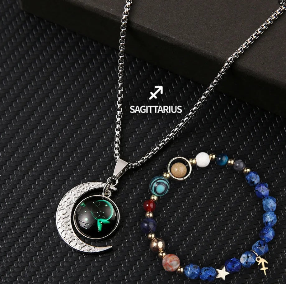 Natural stone zodiac necklace and bracelet set for all 12 star signs