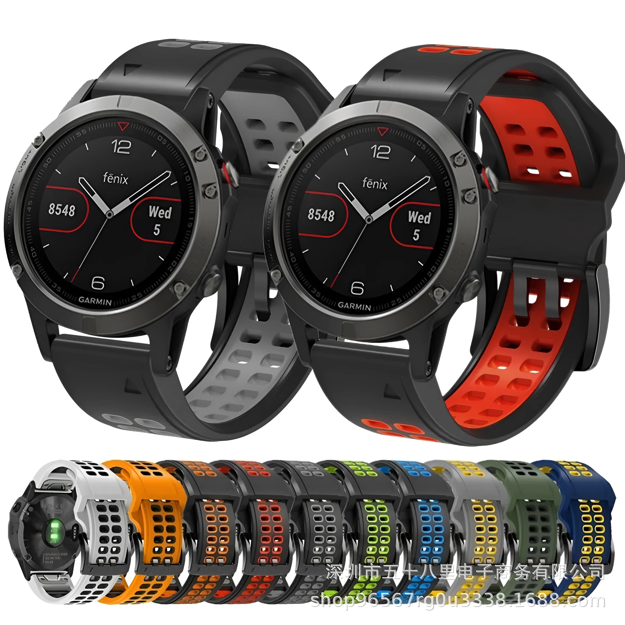 Two-colour quick-release silicone watch strap in black and lime green with pin buckle clasp.