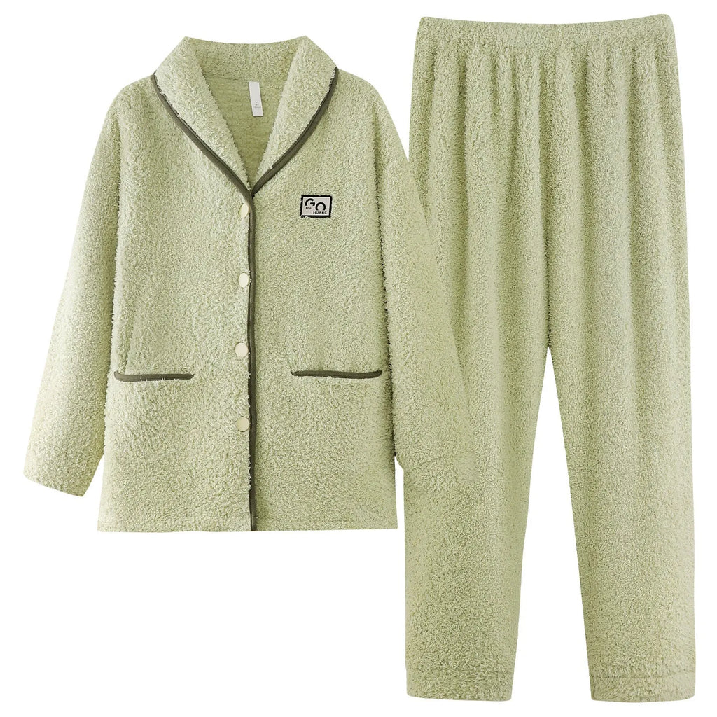 Women's flannel cardigan pyjama set in fruit green with long sleeves and matching trousers