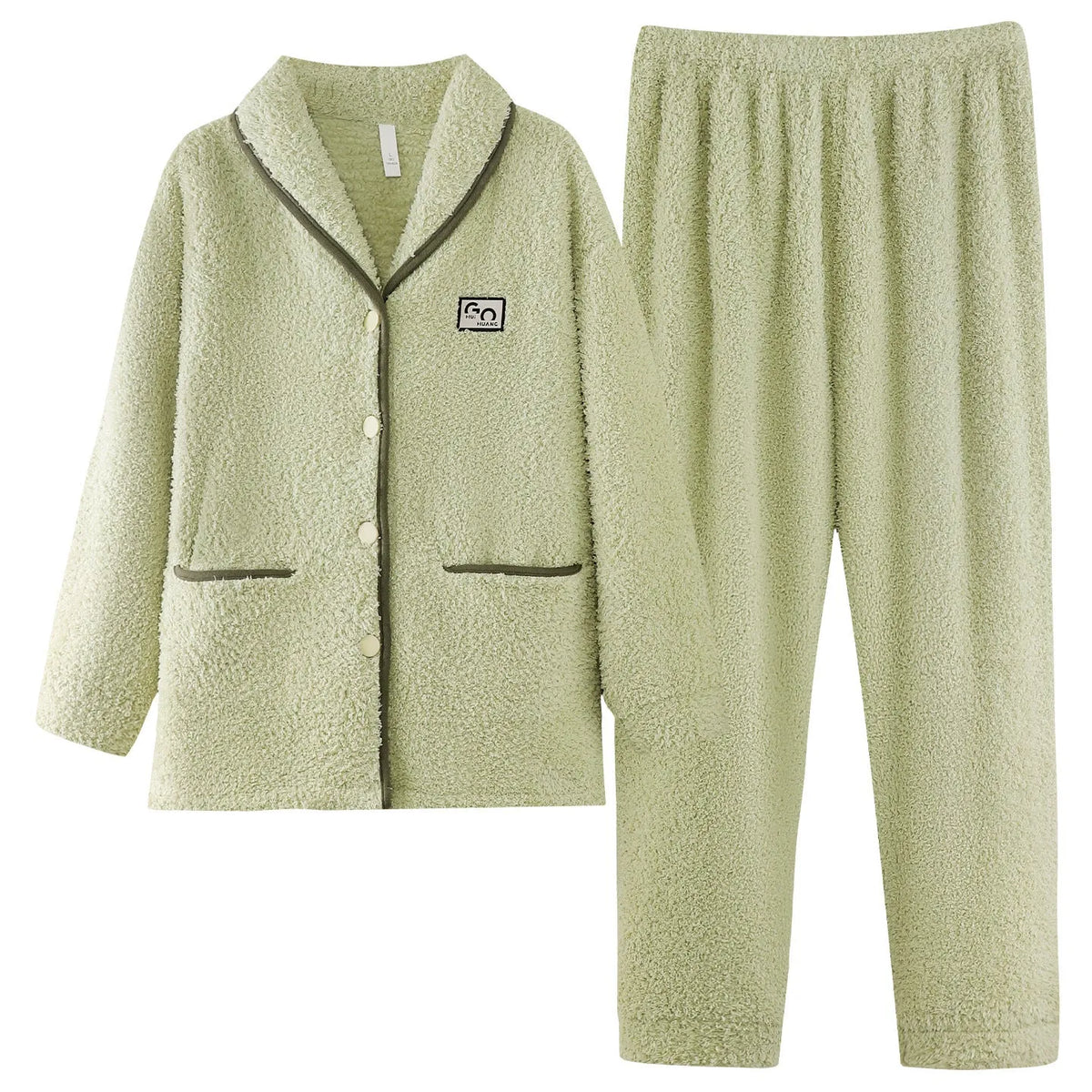 Women's flannel cardigan pyjama set in fruit green with long sleeves and matching trousers