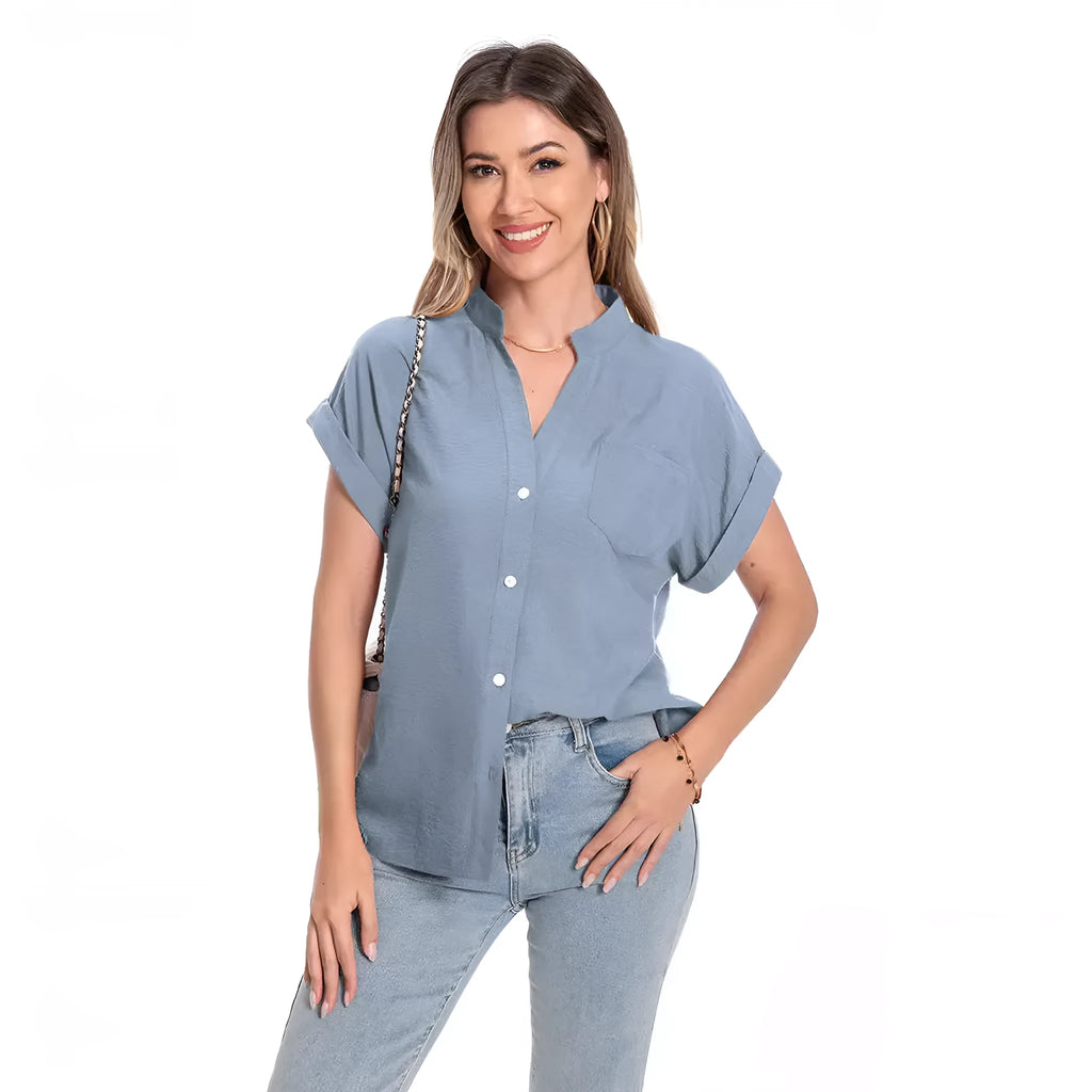 Women's loose-fit stand collar short sleeve summer top in polyester fabric