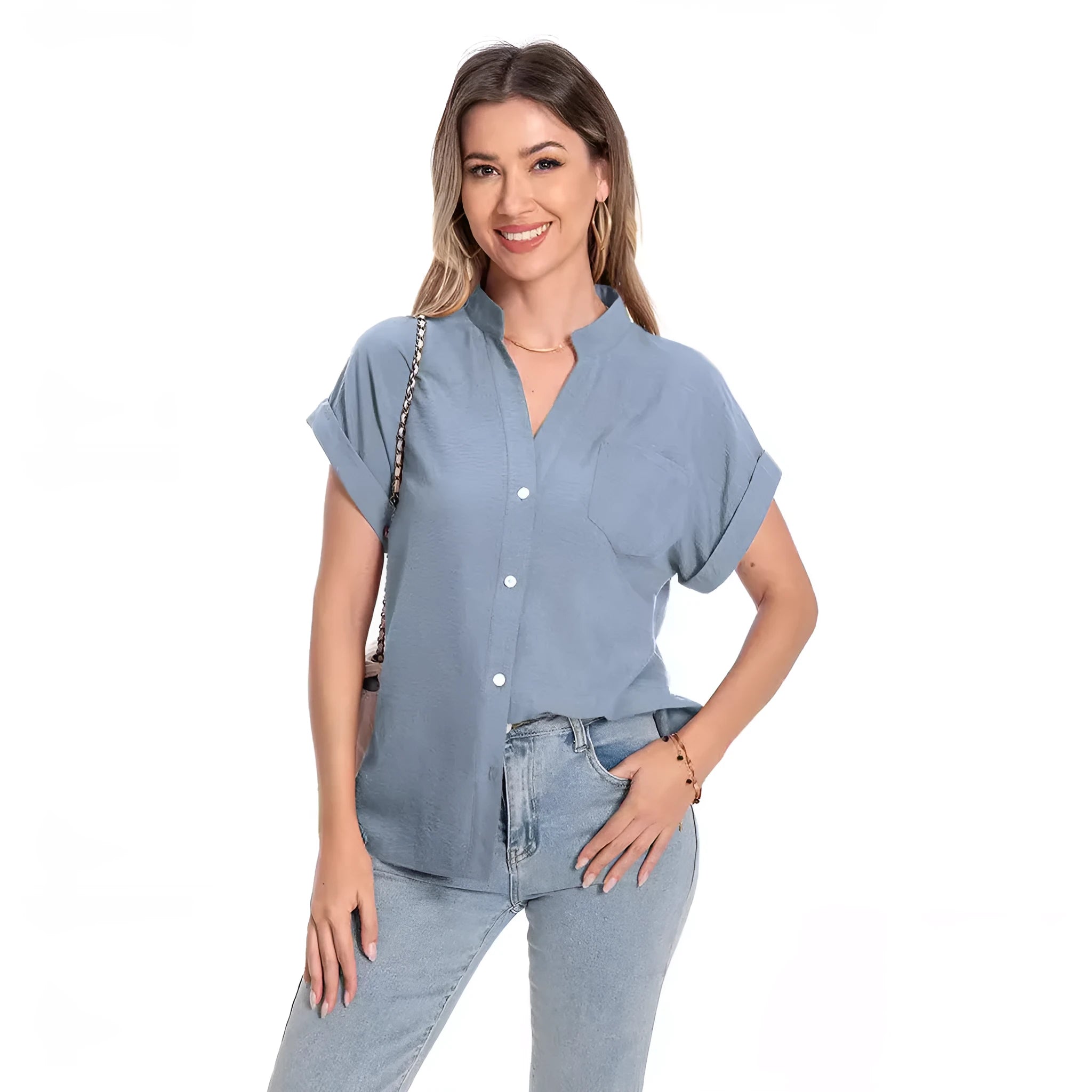 Women's loose-fit stand collar short sleeve summer top in polyester fabric