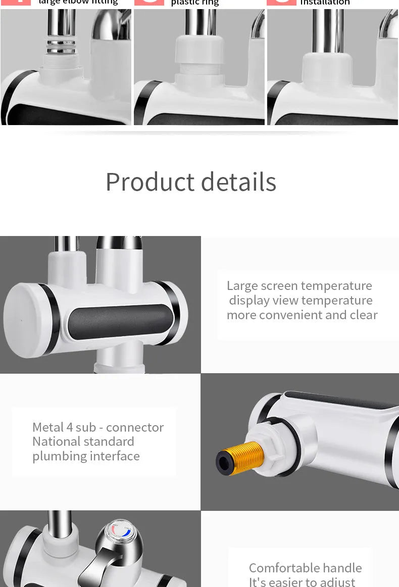 White electric instant water heater tap for kitchen sink with digital temperature display.