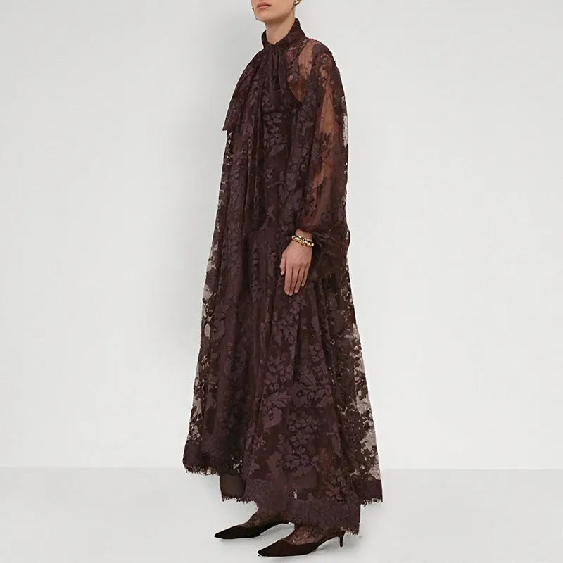 Hollow jacquard sling lace see-through loose ribbon A-line long dress in brown, apricot, and purple