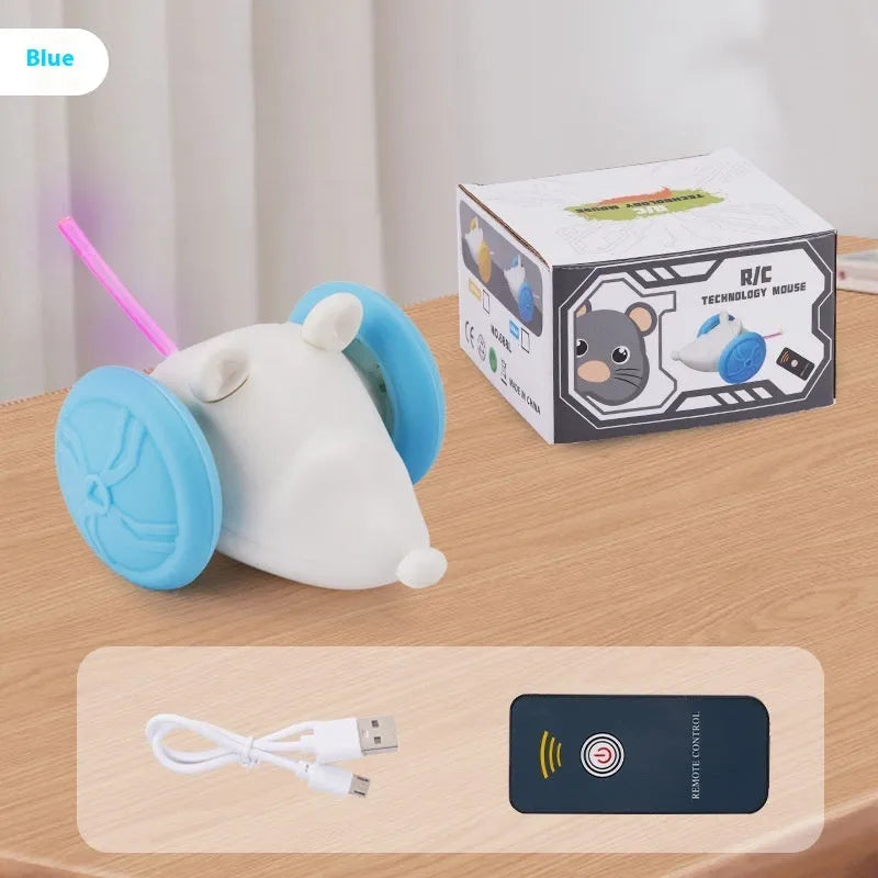 Electric moving mouse cat toy with remote control and charging cable on blue background