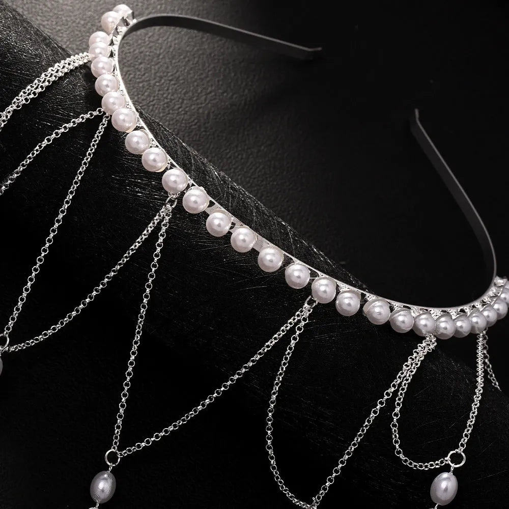 Gold and silver electroplated mesh tassel hair chain with pearl design for women
