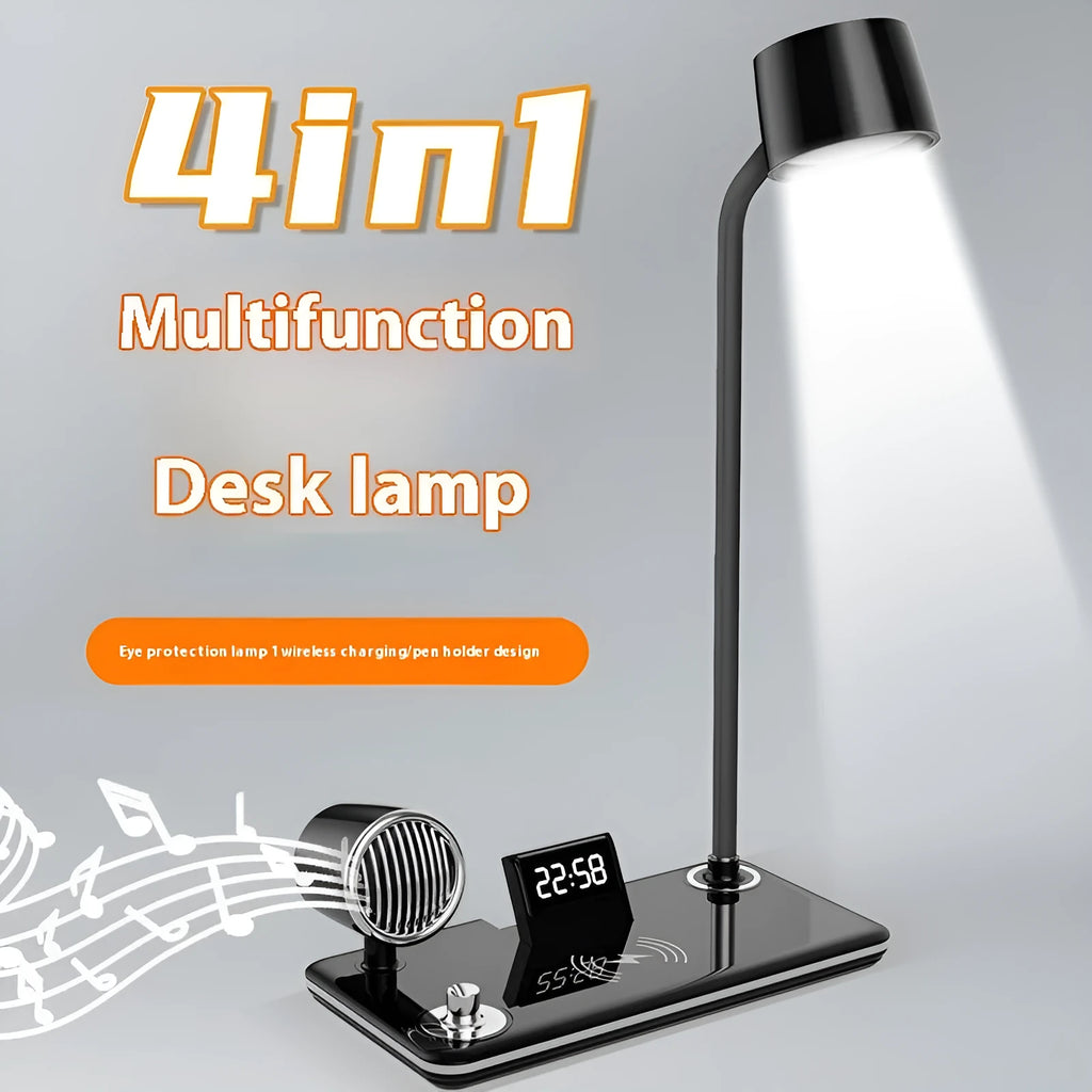 Black or white wireless charging desk lamp with digital clock display and LED eye-protection light