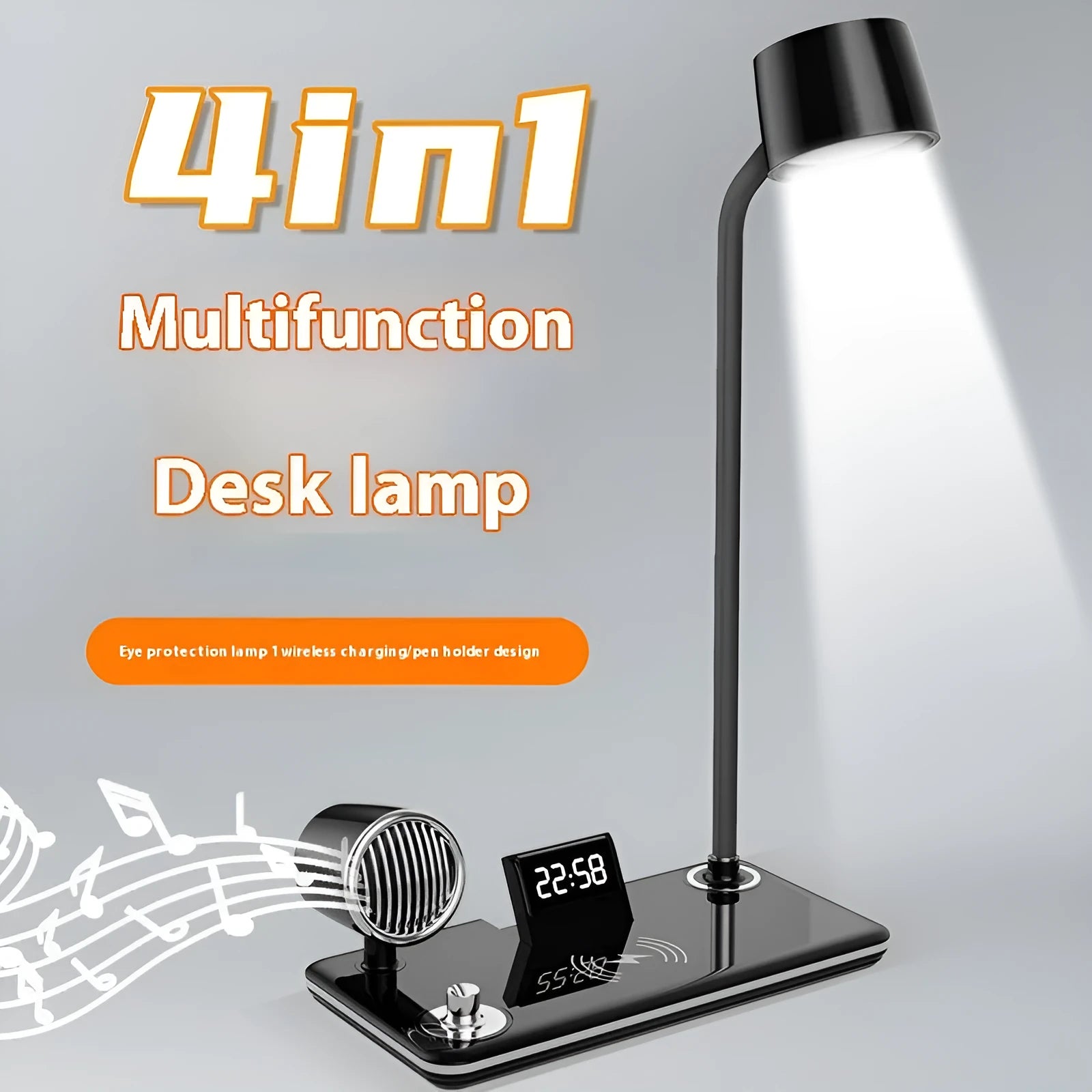 Black or white wireless charging desk lamp with digital clock display and LED eye-protection light