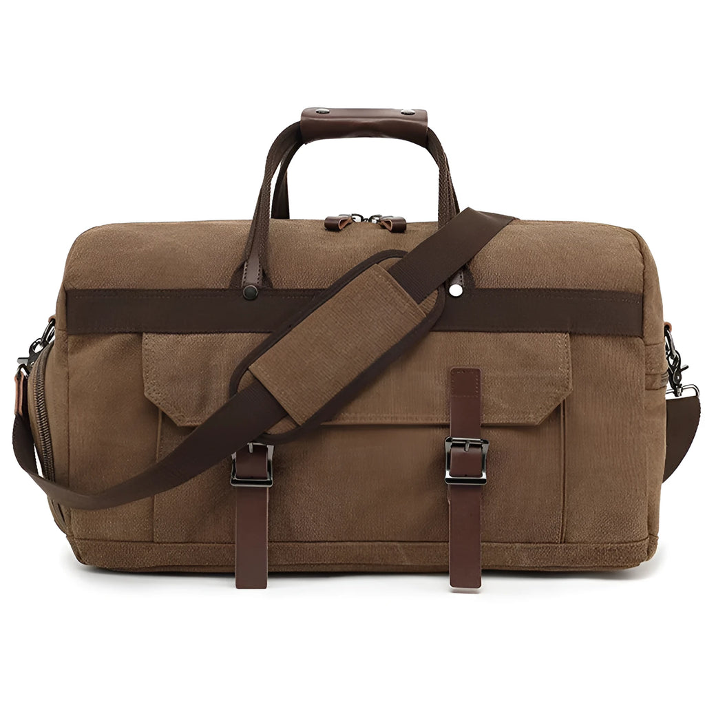 Large capacity canvas crossbody travel bag in black, brown, or grey with visible sewing line detailing