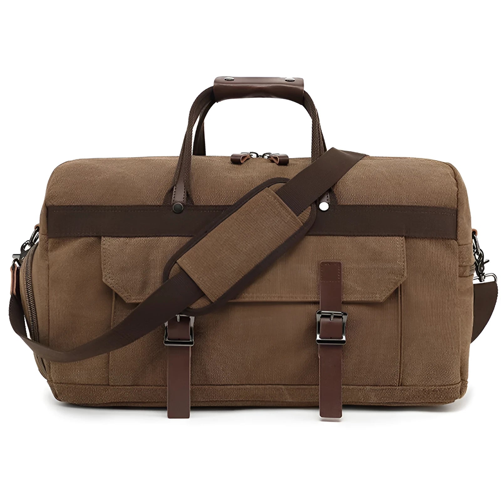 Large capacity canvas crossbody travel bag in black, brown, or grey with visible sewing line detailing