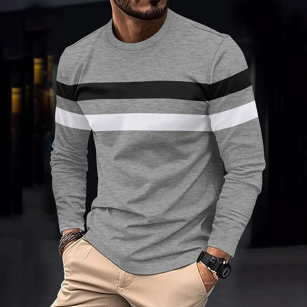 Men's casual round neck long sleeve t-shirt in loose fit, colour-matched pattern, available in multiple colours including black and white.