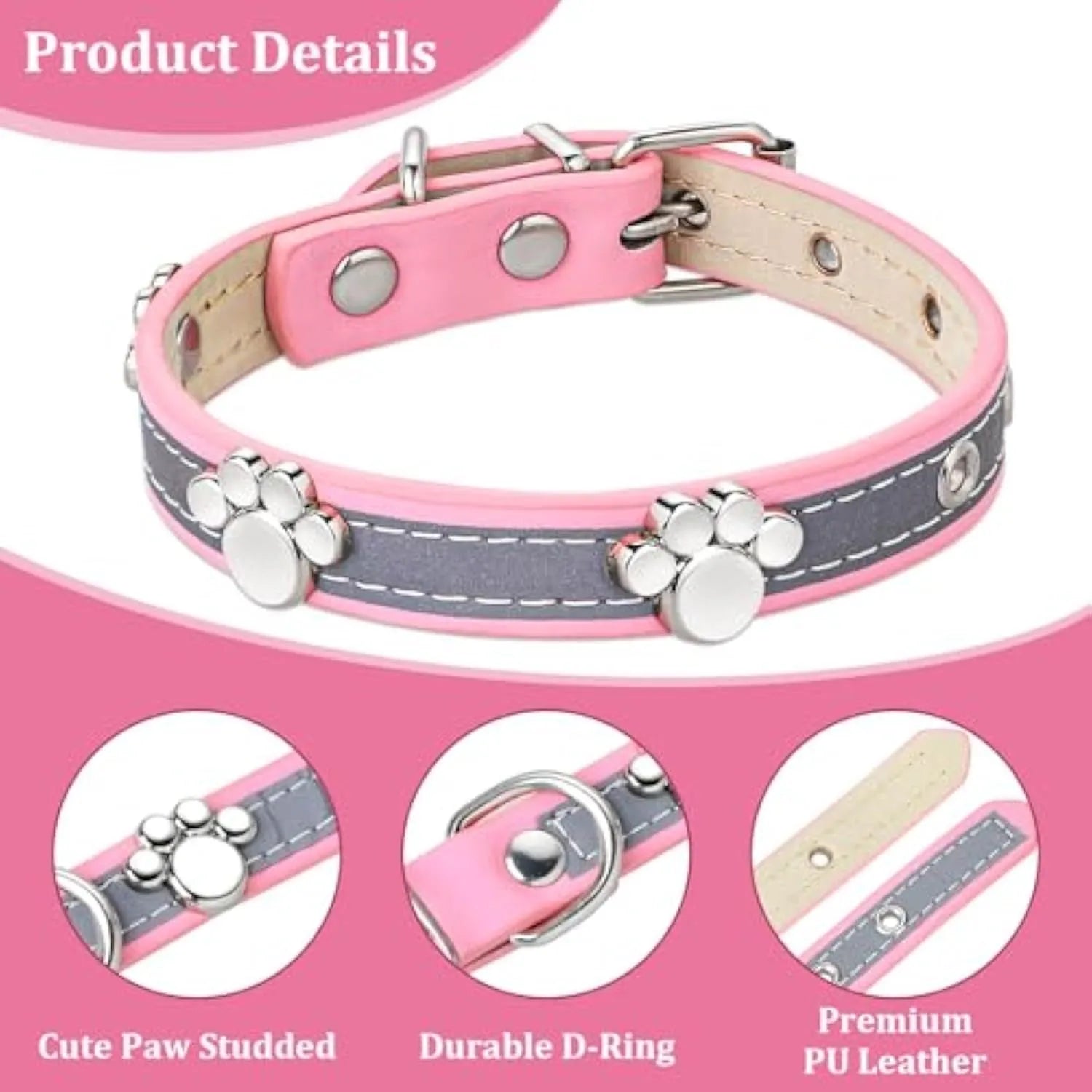 Reflective PU leather dog collar with metal buckle and cute paw rivet decoration, shown in multiple sizes.