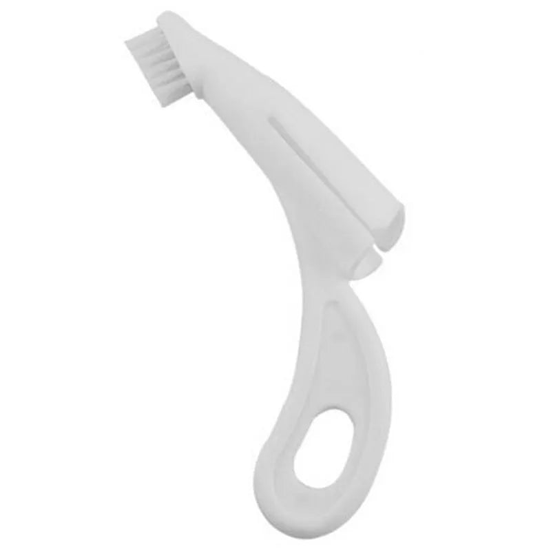 Red and white finger sleeve pet toothbrush with silicone bristles for cleaning dog and cat teeth.