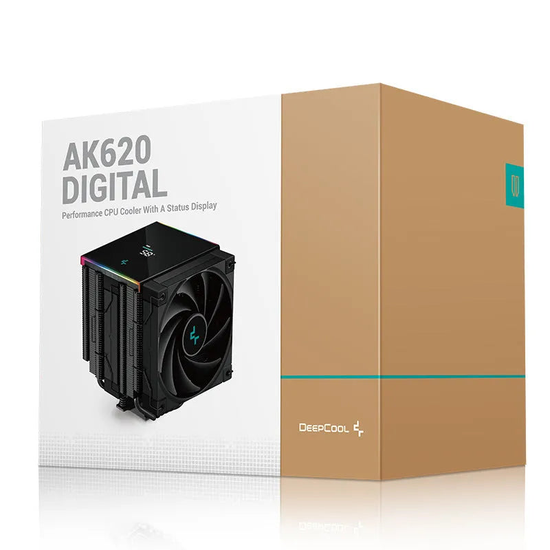 Twin tower air-cooled CPU heat sink with digital display, copper aluminium construction, 129x138x162mm, black colour