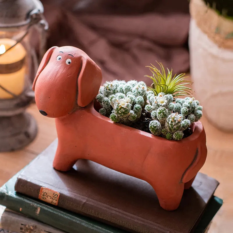 Cement sausage dog flower pot medium size 15x20.5x10cm with drainage hole on floor