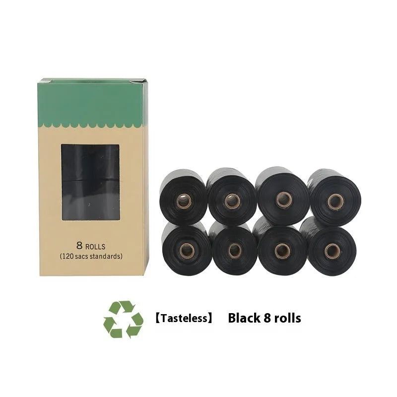Green roll of EPI degradable thickened pet poop bags next to a green dispenser unit on a white background.
