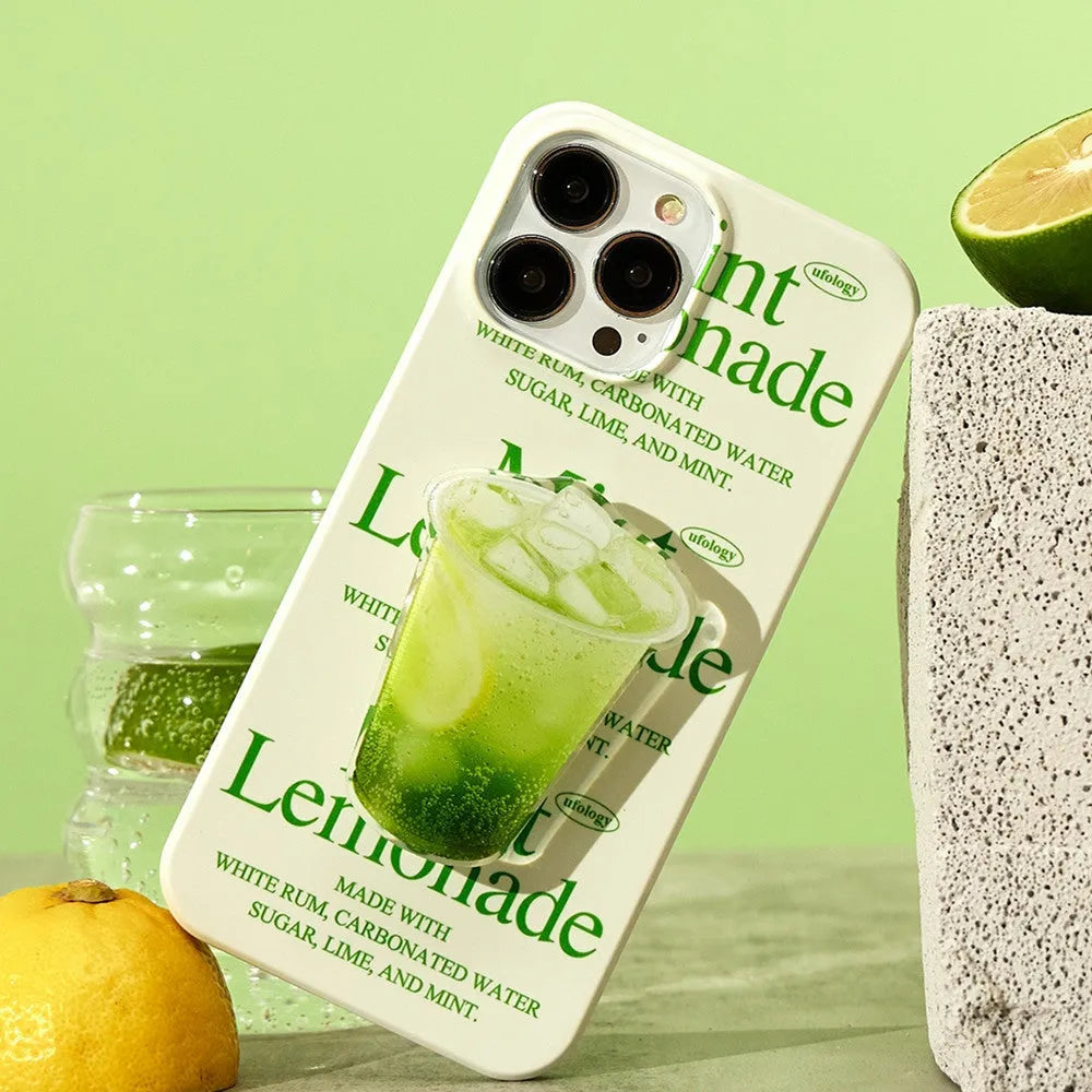 Yellow lemon pattern on a flexible TPU phone case for iPhone, shown with and without a built-in folding bracket stand.