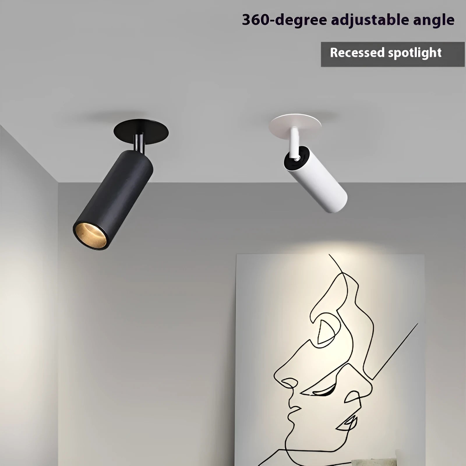 Black and white aluminium cylinder track spotlight for 55-75mm hole installation.
