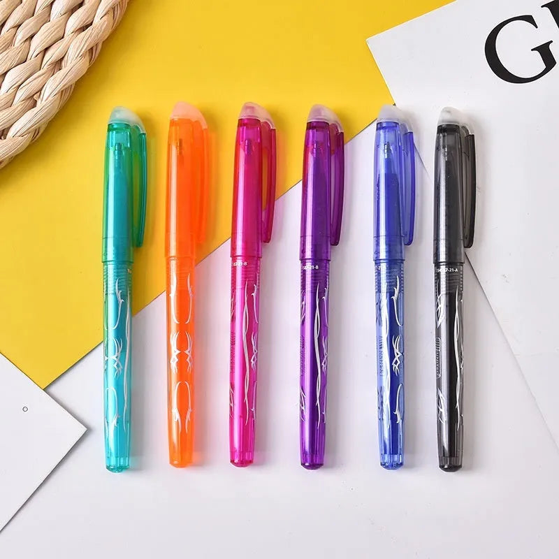 Heat-erasable gel pen set with multiple colours showing plastic shell and stainless steel nib options.