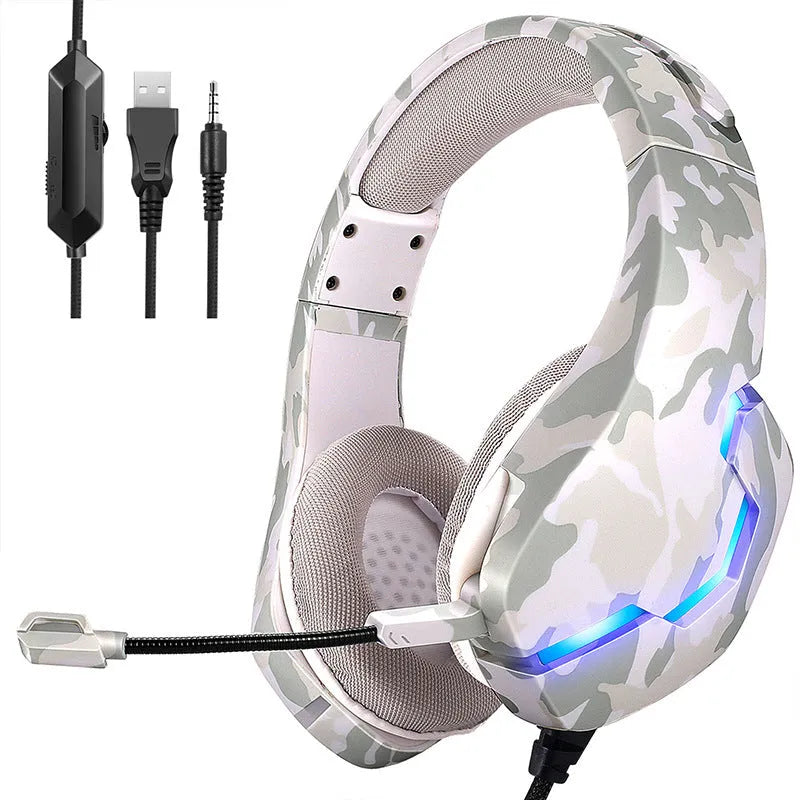 Wired gaming headset with camouflage design, cloth earmuffs and braided cable connected to mobile phone
