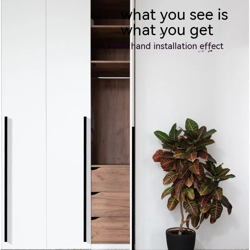 Aluminium alloy one-word cabinet door handle in nano black anodic oxidation finish with visible screw holes