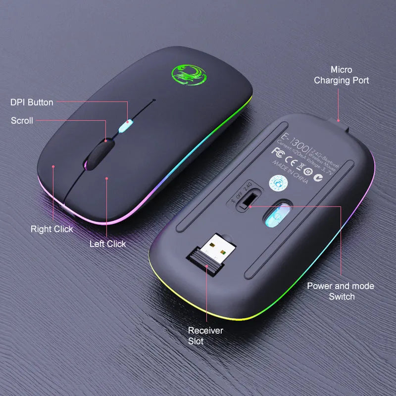 Black and white rechargeable dual-mode wireless mouse with silent buttons on a desk.