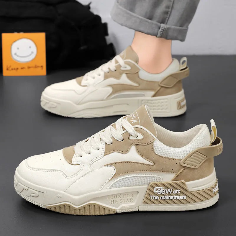Men's breathable casual shoes in beige or black, artificial PU upper, sizes 39-44, solid colour leisure design