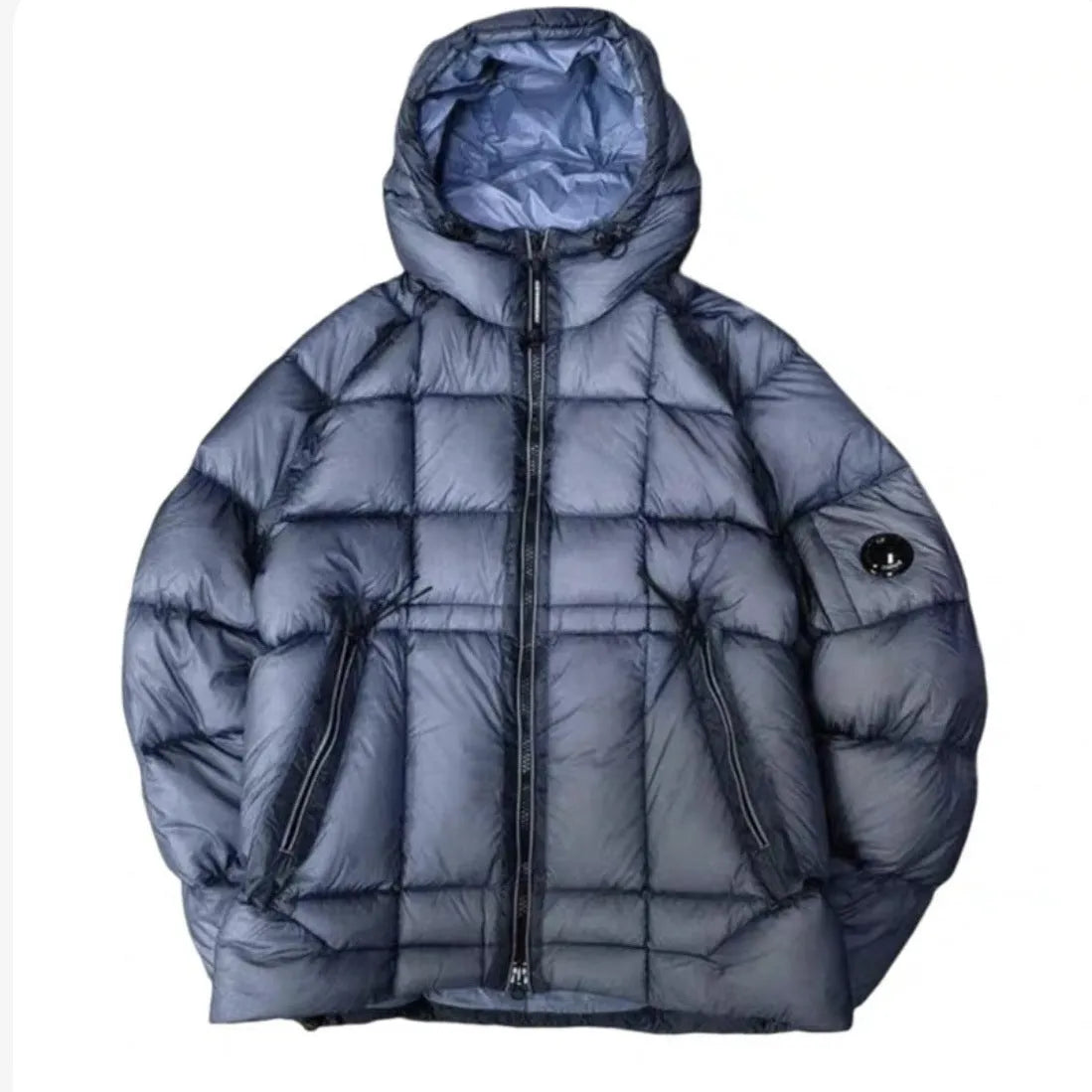 Men's thick cotton-padded coat with hood, zip pockets, and cotton lining in black