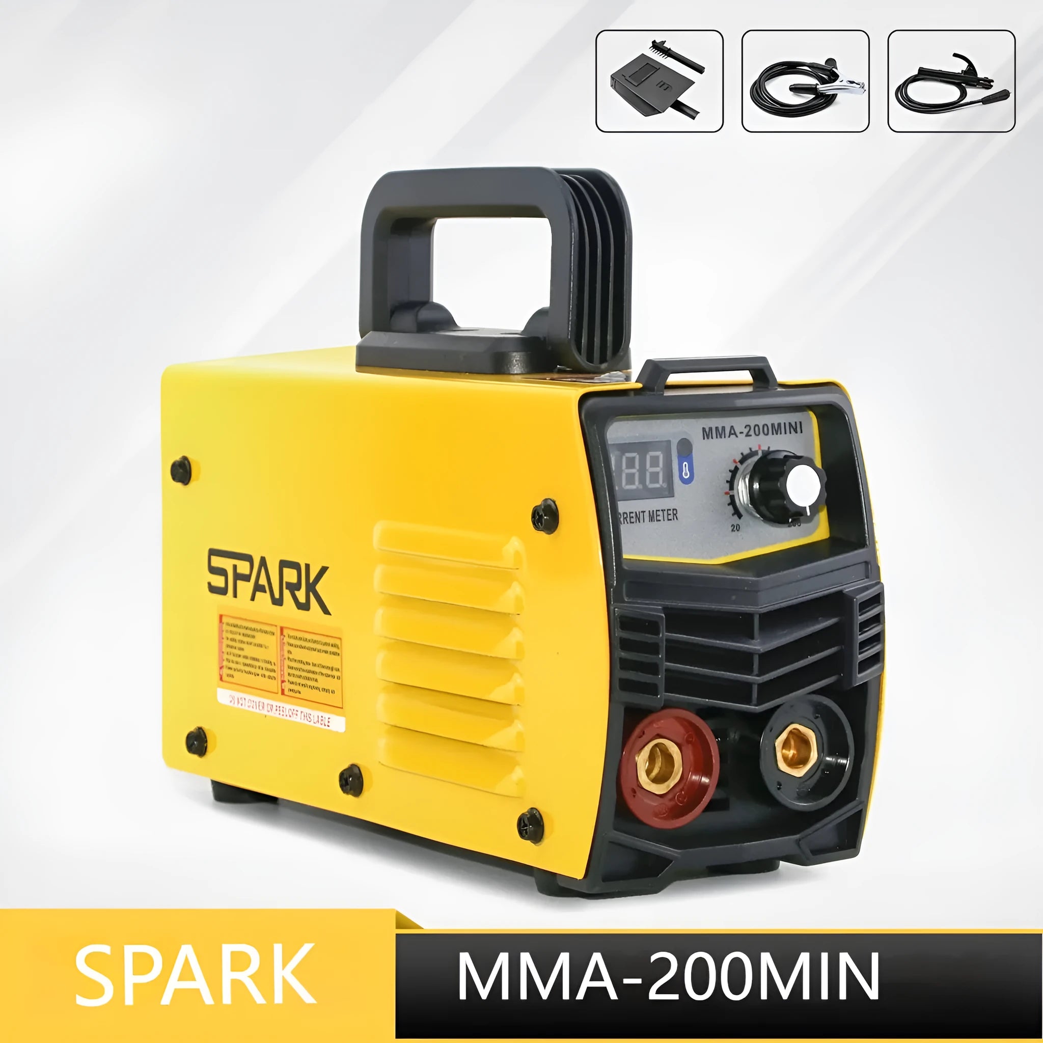 MMA-200MIN 220V DC inverter welding machine with welding tongs, clamps, face shield, and brush hanger