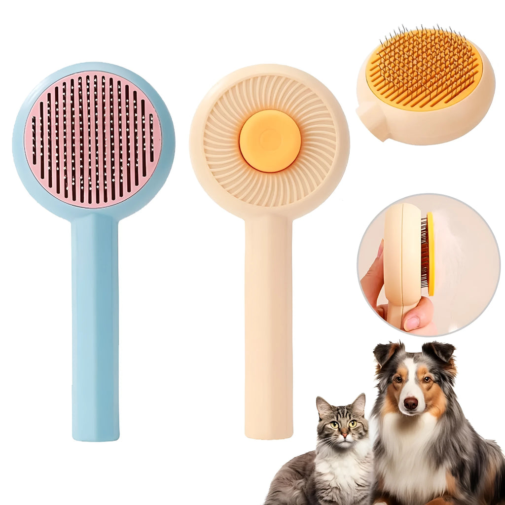 Blue pet grooming brush with angled metal needles and self-cleaning button on handle