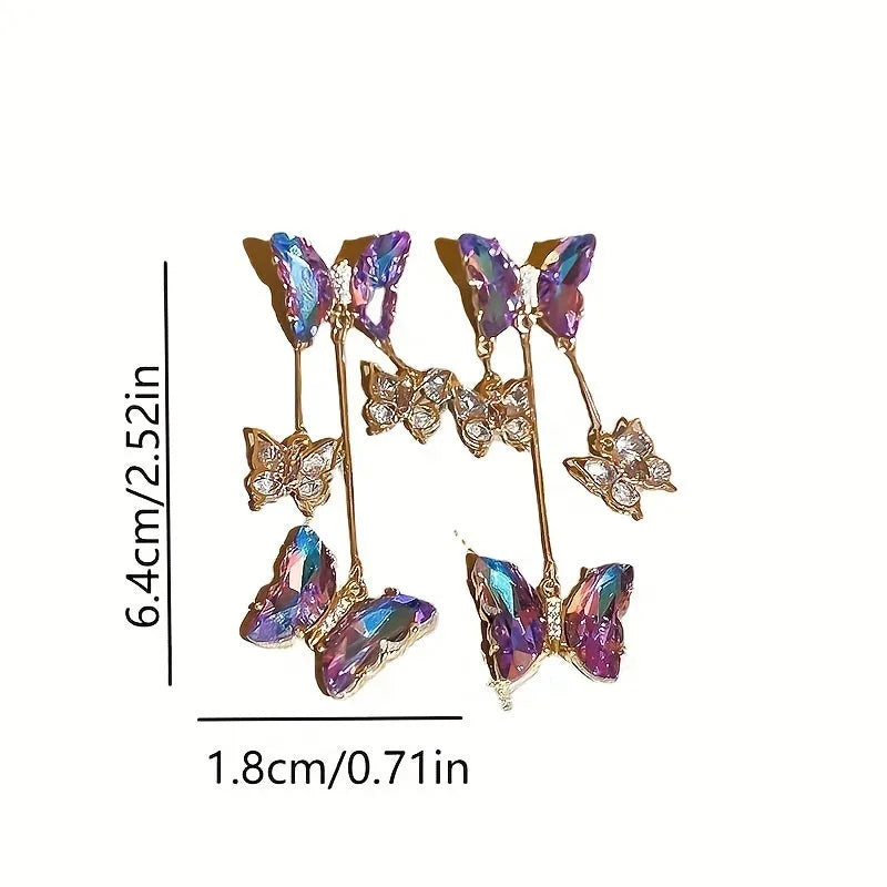 Silver needle crystal flowers butterfly tassel earrings with blue purple motifs and electroplated alloy construction